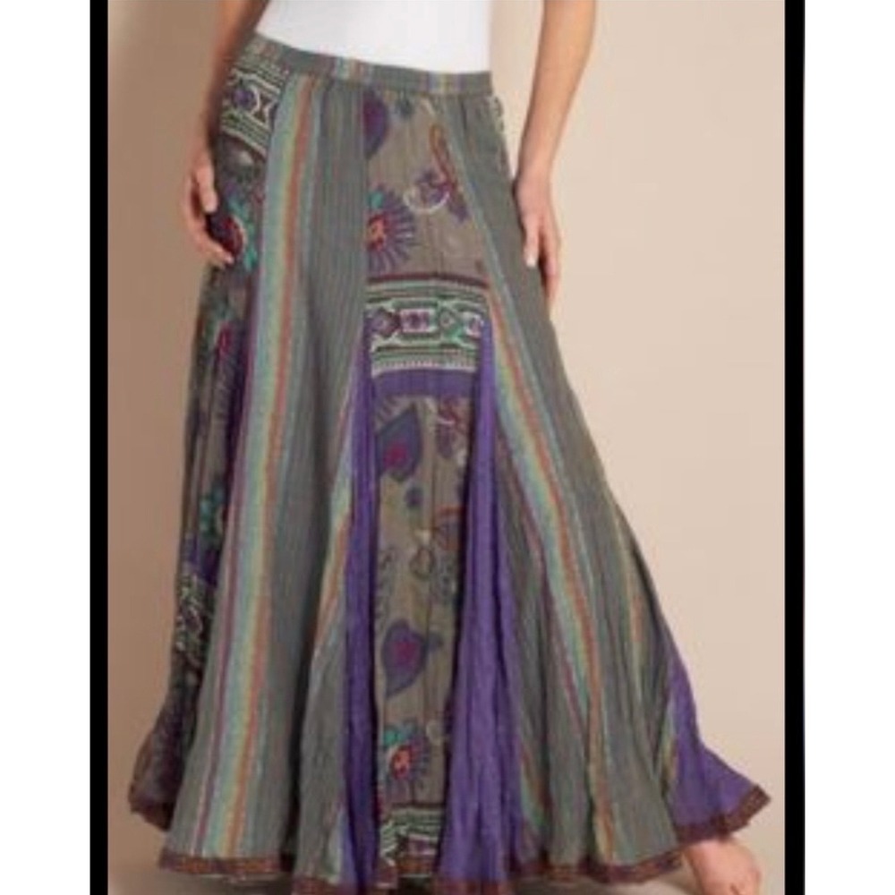Soft Surroundings Purple Floral Patchwork Maxi Skirt Metallic Stripe Womens S